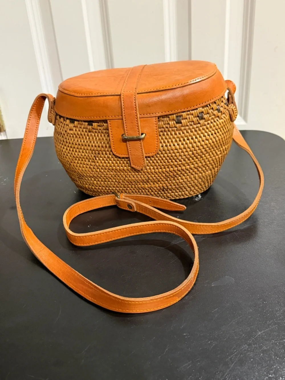 Pink Haley Woven rattan Crossbody with Leather Trim boho bag